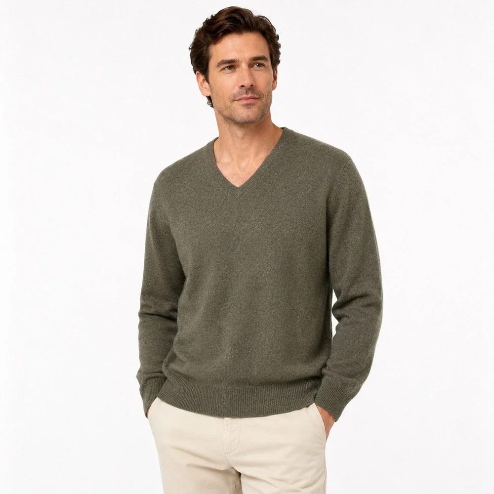 Cremieux 100% Cashmere V-Neck Sweater Mens Medium Olive Heather NWT Classic